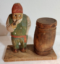 Vintage Wood Carved Man with pipe And Barrel with Lid unmarked wooden carving picture
