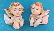 Vintage Pair of Norcrest Cherub Angels Porcelain Wall Hangings Pink Blue picture
