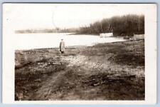 1910's ERA RPPC MAN STANDING IN FRONT OF HANCOCK LAKE WISCONSIN*REAL PHOTO PC picture