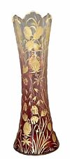 Antique Cranberry to Clear Etched & Gold Gilt Thistle & Leaf  VASE ~ RARE picture