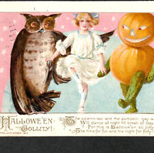 Winsch Schmucker 1913 Halloween Jollity 3847 Pumpkin Gay Dance Owl Girl PostCard picture