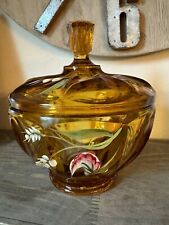 Vtg Fenton Glass Amber Covered Powder Vanity Box Hand Painted With Lid Signed picture