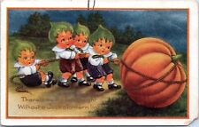 1921 Halloween Postcard- Green Hair Kids pulling Pumpkin Jack O'Lantern picture