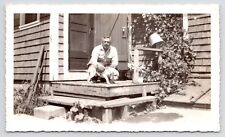 c1940s Man with his Beagle~Dog on Old Wooden Porch~VTG B&W Photo picture
