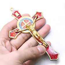 Red Vintage Metal Hand Hold Cross Crucifix Jesus Holy Religious Carved Christ picture