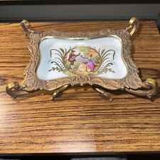 Antique French Sevres Style Bronze Trim Footed Tray Dish Hand Painted Lovers picture