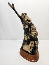 Vintage Carved Buffalo Horn GREAT HORNED OWL Full Grown & 2 BABIES 11.5 in Tall picture