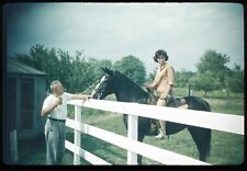 Young Woman on Horse White Fence Trainer Beer 1962 Vintage 35mm Kodachrome Slide picture