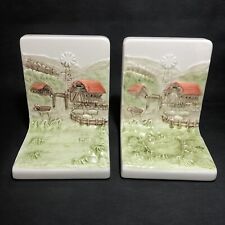 Vintage Book Ends Otagiri Japan Hand Crafted Ceramic 3-D Country Farm Scene Barn picture