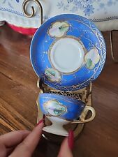 Vintage Demitasse & Saucer Made In Occupied Japan Hand Painted Swan On The Lake picture