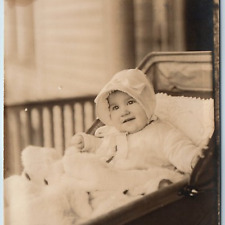 c1910s Adorable Baby Girl Sharp RPPC Close Up Stroller Toy Teddy Bear Photo A214 picture