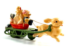 vtg Japan Easter Rabbit Celluloid press steel push bell toy sleigh w/ chicken picture