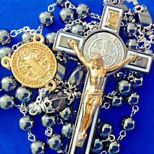 HUGE St BENEDICT ROSARY HEMATITE Caps Saint Medal Large Crucifix Protection 8mm picture