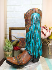 Rustic Western Country Faux Leather Cowgirl Boot Vase W/ Turquoise Frill Fringe picture