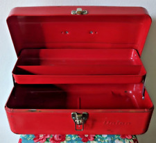 Vintage Rustic Union Hinged Red Metal Small Toolbox w/Tray Black Plastic Handle picture