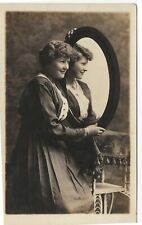 RPPC Young Women in Studio Holding Mirror and Smiling c1910 Real Photo Postcard picture