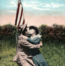 c.1915 WWI Era Soldier Boy American Flag Postcard Romance Kiss Duty Calls picture