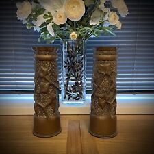 Pair Antique Trench Art WW1 C1915-16 Leaf Pattern Vase Brass Military picture