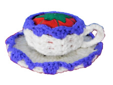 Sewing pin cushion hand made knit vintage white & purple tea, coffee cup design picture