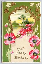 Birthday~Pink Anemones~Lake Scene~Gold Art Nouveau~Olive Bk~Emb~Vintage Postcard picture