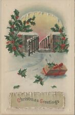 Christmas Greetings Winter Scene Embossed Present Divided Back Vintage Post Card picture