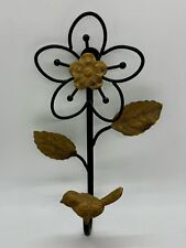 Vintage Unique Metal Sunflower w/Cast Iron Bird Wall Hook Stands 9” Tall. picture