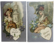 Valentine Postcard Winsch Back Victorian Pretty Lady Lot 2 Silver Foil Flowers picture