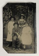 Antique Victorian Old Tintype Photo Young Man Women In Hats Pretty Lady Tin Type picture