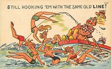 Postcard 1940s fishing sexy woman hook em line comic humor linen Teich 23-11889 picture
