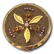 Elgin American Powder Compact Circle Floral Gold Tone Metal Pink Vintage 50s picture