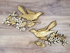 Syroco Gold Love Bird Wall Art Plaques Dogwood Branch Flower Vintage Pair 1960s picture