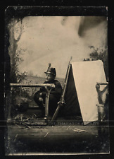 Excellent Tintype Young Soldier or Cadet with Rifle Tent Camp Scene 1800s Photo picture