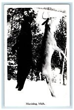 c1940's Hunting Hanging Buck Deer Munising Michigan MI RPPC Photo Postcard picture