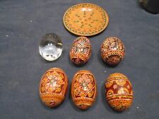 6 Exquisite VTG Russian ? Mediterranean Lacquered Eggs Hand Painted Solid Wood  picture