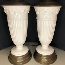 2 Vintage Leviton Milk Glass Lamps with Embossed Flowers and brass 30