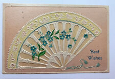 Best Wishes, Vintage postcard Fan, Embossed, blue flowers, No postage, Undivided picture
