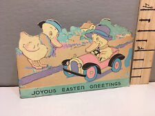 Vtg Easter Card 1920's-30's Pink&Blue Art Deco Ducks Pedal Car d4 picture