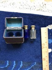 Pair of Antique Glass Scent bottles Blue & Clear w/ Original Wooden Travel Box picture