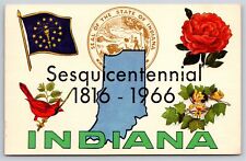 Indiana State Outline~Sesquicentennial 1816-1966~State Seal~Flag~Vintage PC picture
