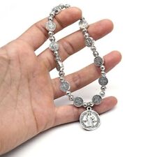 St Saint Benedict Medal Rosary Bracelet Silver Pulsera De Plata De San Benito picture