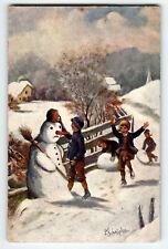 Christmas Postcard Snowman Children Playing Country Snowy Road HK & Co Germany picture