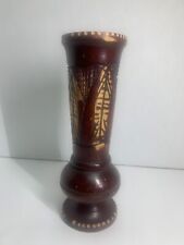 Vintage Hand Carved Hand Turned Wood Pedestal Vase w Textured Leaf Design 9x5” picture
