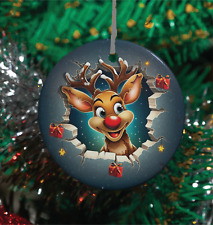 3D Christmas Break Through Rudolph The Reindeer  Sublimation Round Ornament picture