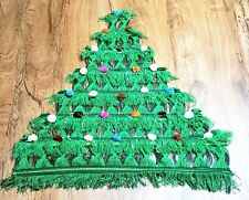 Vintage Christmas Green Tree Hanging 60s 70s Tapestry Woven Macrame Pom Poms  picture