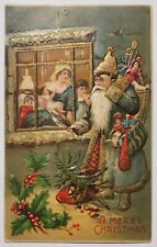 Santa Father Christmas Blue Robe Peeks Through Window Gilded 1907 Postcard Q26 picture