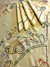 Vintage - Hand Embroidered - Mexican Theme - Yellow Table Cloth & Dinner Napkins picture