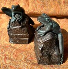 Pair of Two 2 Cast Brass Metal Frog Statue Frogs on Rocks Set Bookends Figural picture