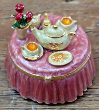 Monet Enameled Tea For Two Rose Colored Collectible Hinged Magnetic Trinket Box picture