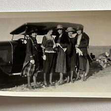 Antique B&W Snapshot Group Photograph Beautiful Young Women Flapper By Car picture
