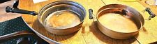 Two Vintage Antique Copper Cooking Sauce Stock Pan Pots with wooden handles picture